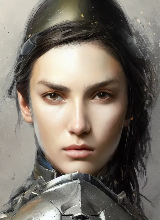 Image similar to a professional painting of a beautiful young female, clothed in military armor, olive skin, long dark hair, beautiful bone structure, symmetrical facial features, intricate, elegant, digital painting, concept art, smooth, sharp focus, illustration, from Metal Gear, by Ruan Jia and Mandy Jurgens and Artgerm and William-Adolphe Bouguerea