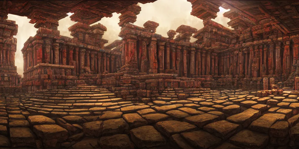 Image similar to an ancient temple made of human flesh, by Naomi Okubo, landscape, dramatic lighting, high contrast colors, panoramic view, as trending on Artstation,