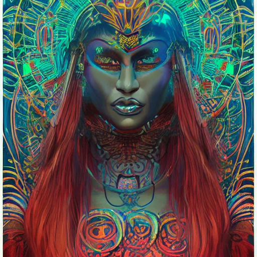 Image similar to portrait of a beautiful goddess future metaverse angel Ayahuasca tech shaman warrior, 2D cartoon, visionary art, symmetric, Magick symbols, holy halo, shipibo patterns, sci-fi, concept art, trending on art station, 8k digital art, by Mandy Jurgens, fantasy portrait art, anime