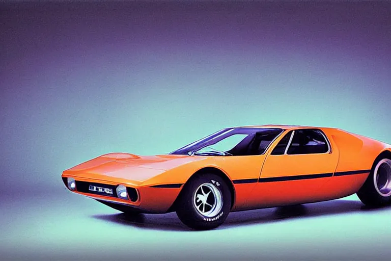 Image similar to designed by giorgetto giugiaro stylized poster of a single 1 9 6 9 amc amx / 3 miura citroen dm bmw m 1 ( ( mclaren f 1 ) ) delorean concept, thick neon lights, ektachrome photograph, volumetric lighting, f 8 aperture, cinematic eastman 5 3 8 4 film