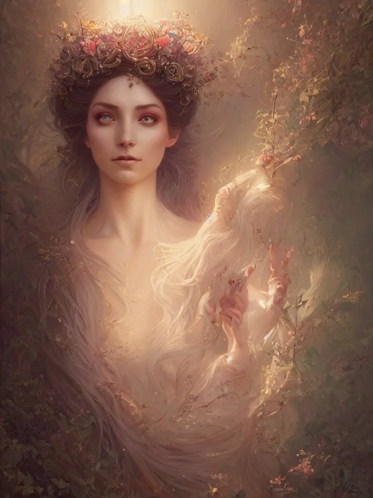 Image similar to highly detailed portrait of beautiful ethereal woman in ornate clothing, stephen bliss, unreal engine, fantasy art by greg rutkowski, loish, rhads, ferdinand knab, makoto shinkai and lois van baarle, ilya kuvshinov, rossdraws, tom bagshaw, global illumination, radiant light, detailed and intricate environment