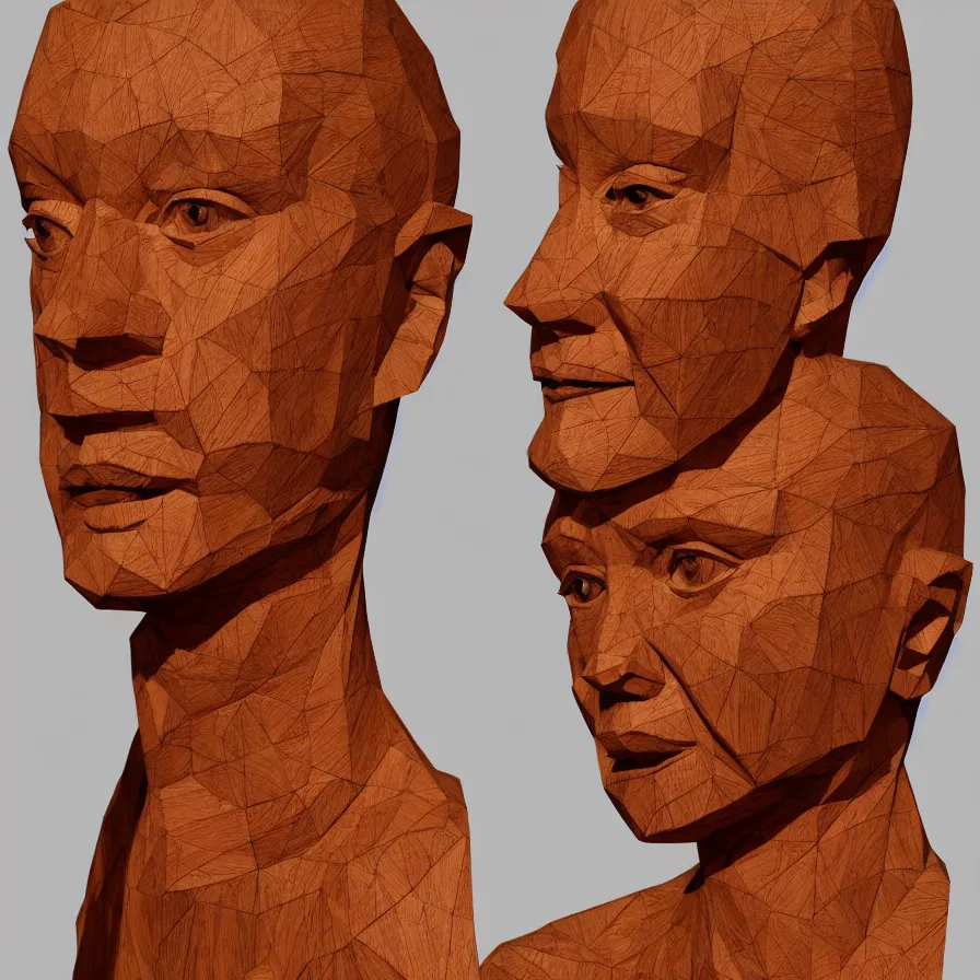 Image similar to public sculpture low - poly portrait of a powerful stern woman, beautiful symmetrical face realistic proportions, carved out of a red oak wood on a pedestal by stephan balkenhol and martin puryear, hyperrealistic dramatic lighting trending on artstation 8 k