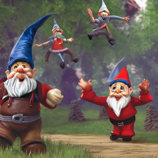 Prompt: pack of gnomes chasing a scared man with arms flailing behind him