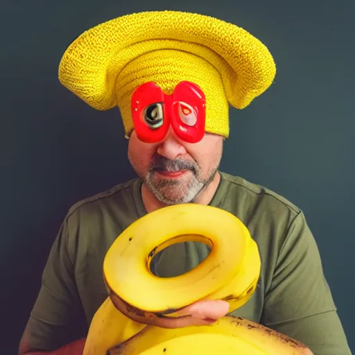 Image similar to photo of a man wearing a banana hat