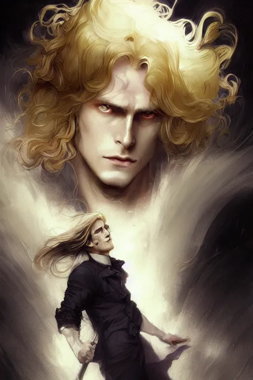 Prompt: johan liebert mixed with alucard picture by Greg Rutkowski, long fluffy blond curly hair, baroque curls, dynamic pose, matte painting, intricate, z brush, fantasy concept art, elegant, fat body type, by Stanley Artgerm Lau, WLOP, golden ratio, thomas kindkade, alphonse mucha, loish, Peter chung, norman Rockwell,