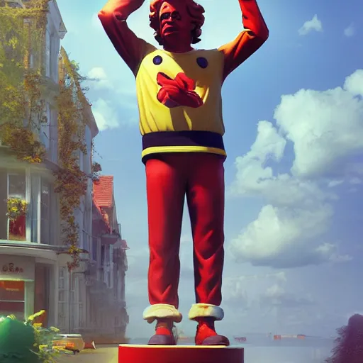 Image similar to ronald mcdonald statue in the world by beeple, darek zabrocki, tyler edlin, jordan grimmer, neil blevins, james paick, natasha tan, highly detailed, ultra detailed, ultra realistic, trending on artstation