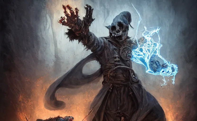 Image similar to portrait of a humanoid rat sorcerer with a rat skull face, laser eyes in the rat skull, dark hooded sorcerer robes, fantasy, d & d, greg rutkowski, frank frazetta, intricately detailed, impressive lighting, misty environment, holding a blue fire in each hand, power stance, ultimate power, doom, 8 k hdr