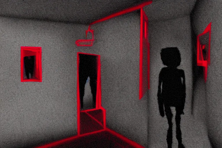 Prompt: cctv of an extremely dark empty room with evil horror humanoid cryptid monster made out of static, dark deep black shadows, crimson red and black color contrast in the style of trevor henderson and james ensor goya, liminal space, 3 d render, glitch effect
