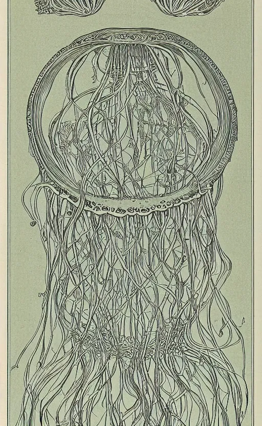 Image similar to a page of jellyfish illustrations, 1 9 0 0 s, symmetry, highly detailded