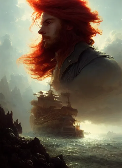 Image similar to portrait painting of a handsome rugged long hair red hair male pirate, soft hair steampunk airship in the sky art by raphael lacoste and stephan martiniere greg rutkowski gaston bussiere fantasy soft hair trending on artstation deviantart book cover art concept art key art dramatic volumetric lighting, 4 k, award winning