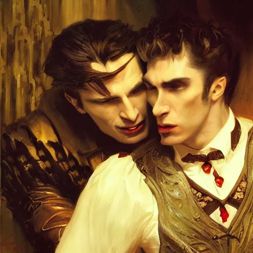 Image similar to attractive male, arthur pendragon confesses his love to attractive male dracula the vampire. highly detailed painting by gaston bussiere, craig mullins, j. c. leyendecker 8 k