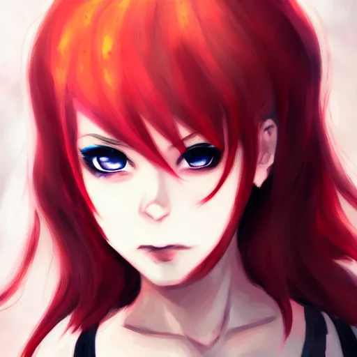 Image similar to beautiful angry girl, portrait, fire magic, red hair and makeup, cute, sharp focus, professional digital painting, pixiv popular illustrations, by suzuame 9 7, kezie demessance, enji _ works, shia - ushio, masterpiece, cinema