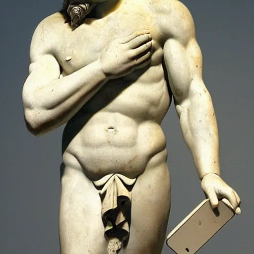 Prompt: Ancient Greek statue of Zeus looking angrily at his iPhone