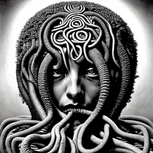 Image similar to very sad medusa, crying, tubular creature, blood vesels, no face, dystopian surrealism, art style alex ries giger, zdzisław beksinski, symmetry accurate features, very intricate details, high resolution, 4 k, intricate, sharp