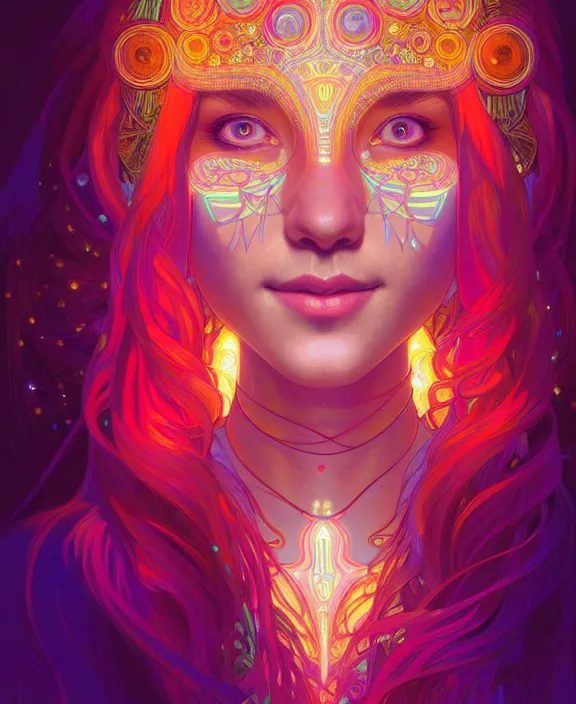 Image similar to symmetry!! portrait of hippie girl smiling, glowing lights!! psychedelic, intricate, elegant, highly detailed, digital painting, artstation, concept art, smooth, sharp focus, illustration, art by artgerm and greg rutkowski and alphonse mucha, 8 k