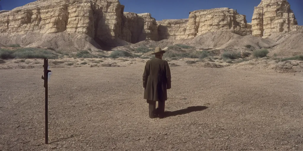 Image similar to photo of green river, wyoming cliffs. an old man in a trench coat and a cane stands still very far away in the distance, facing at the camera. midday sun. hot and dry conditions. kodak ektachrome.