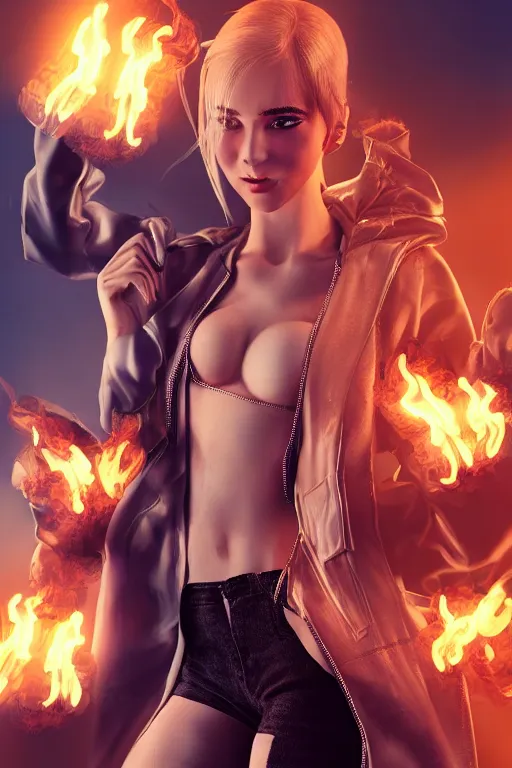 Image similar to wonderful young blonde woman with flames dancing on her hands with a long jacket in a cyberpunk city, realistic, high definition, detailed and realistic face, detailed and realistic hands, expressive eyes, 4 k, shimmering color, epic digital art