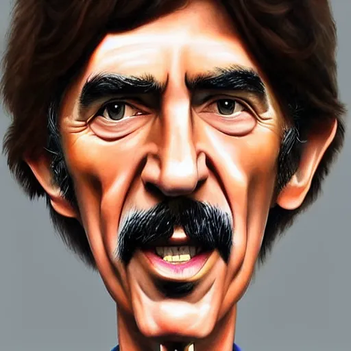 Prompt: Caricature portraits done of George Harrison, realistic, hyperrealistic, very realistic, highly detailed, very detailed, extremely detailed, detailed, oil painting, digital art, trending on artstation