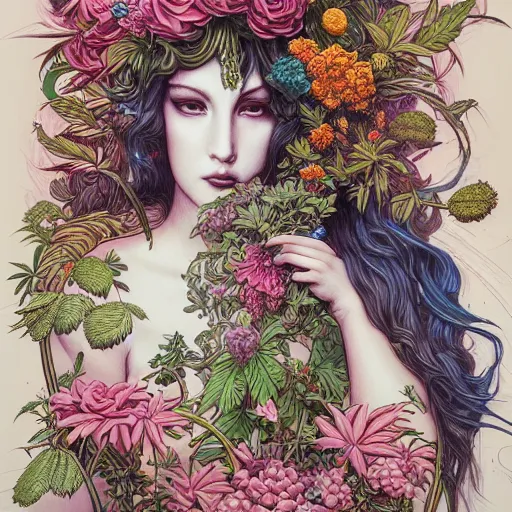 Prompt: goddess of plants by james jean highly detailed painting trending on arstation vivid colors cannabis