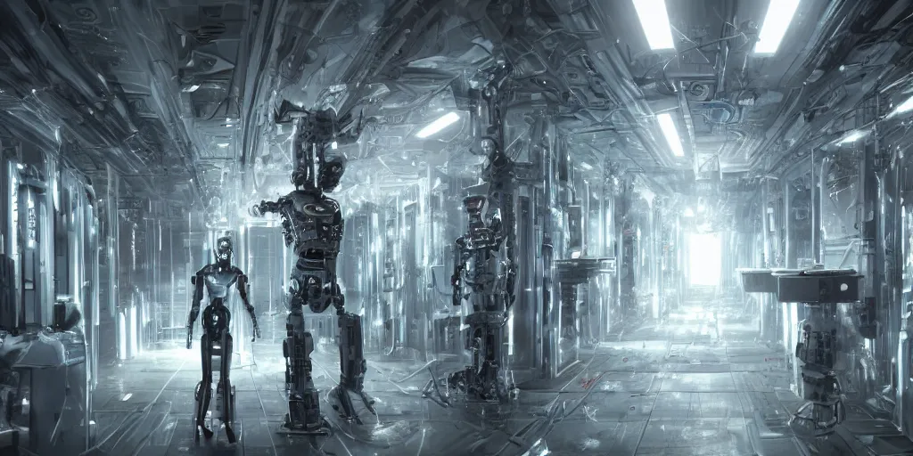 Prompt: robot bionical parallax volumetric coherent colossal ruined server room in datacenter portrait symmetrical face by eddie mendoza blender robot figure automata drone robot welder posing pacing fixing mono sharp focus, emitting diodes, racks, system unit, artstation cgsociety artofmtg hyperrealism cinematic dramatic painting concept art of detailed character design