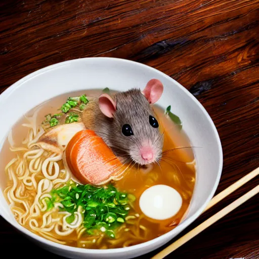 Image similar to rat in japanese ramen bowl, michelin star restaurant, award winning photo, food photography, 8 k