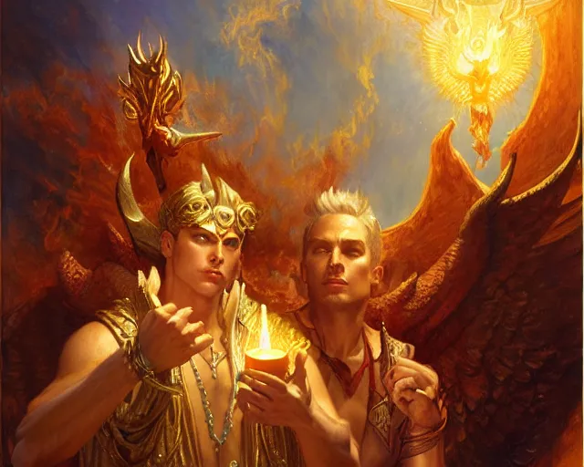 Image similar to attractive male deity, casting demonic magic, summoning handsome lucifer morning star. highly detailed painting by gaston bussiere, craig mullins, j. c. leyendecker 8 k