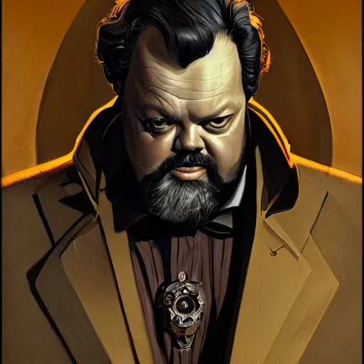 Prompt: orson welles as a cyborg, portrait, western, steampunk, duster, fantasy, intricate, elegant, highly detailed, digital painting, artstation, concept art, sharp focus, illustration, art by artgerm and greg rutkowski and alphonse mucha