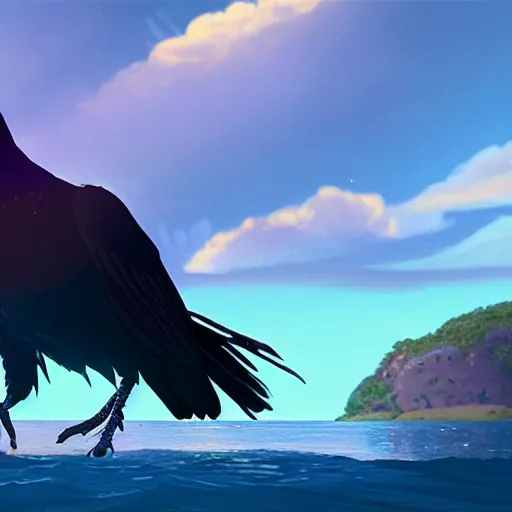 Image similar to a wholesome animation key shot of a crow on a boat in the night, island in the background, medium shot, studio ghibli, pixar and disney animation, sharp, rendered in unreal engine 5, anime key art by greg rutkowski, bloom, dramatic lighting