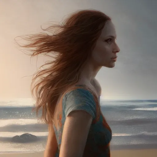 Prompt: A beautiful woman walking on the beach towards the viewer, high detail, 8K illustration, dynamic lighting, concept art, beautiful facial features, long hair, blue eyes sunny, art by Leesha Hannigan and Greg Rutkowski,