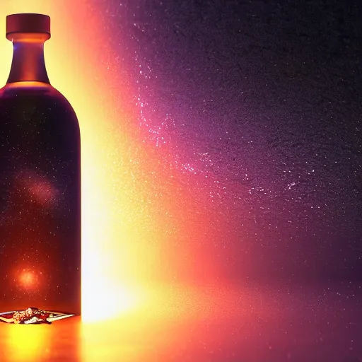 Image similar to a octane render of a a distant universe contained inside a bottle, close - up studio photo, studio lighting, path traced, highly detailed, high quality, hyperrealistic, concept art, digital art, trending on artstation, cinematic, high coherence, epic scene, 8 k hdr, high contrast,