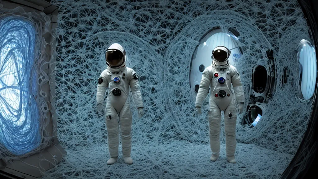 Image similar to a cybernetic symbiosis of a single astronaut eva suit made of wearing knitted yarn thread infected with diamond 3d fractal lace iridescent bubble 3d skin covered with insectoid compound eye camera lenses floats through the living room, film still from the movie directed by Denis Villeneuve with art direction by Salvador Dalí, wide lens,