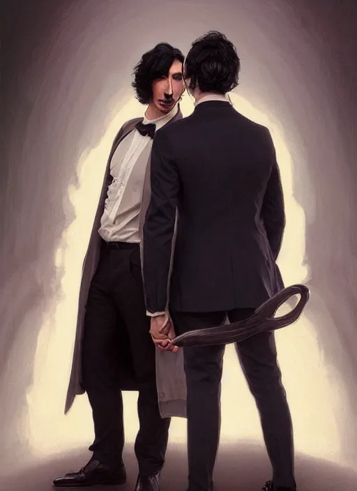 Image similar to painting of both john oliver and adam driver together, john oliver in front, full body, elegant, beautiful, highly detailed, centered, dark, smokey, digital painting, concept art, smooth, sharp focus, illustration, deviant art, art by artgerm, art by greg rutkowski, art by alphonse mucha