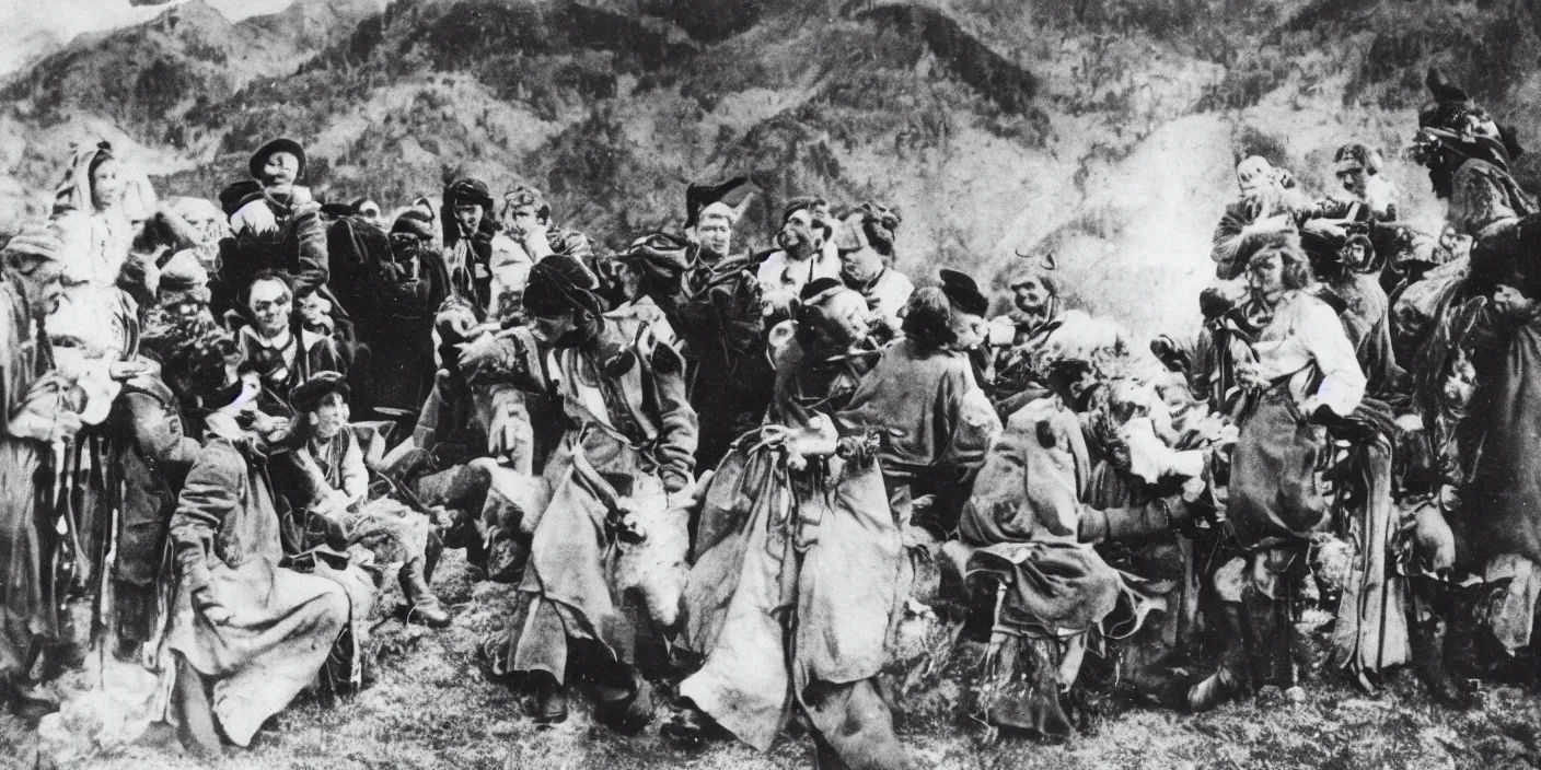 Prompt: tyrolean and alpine folk folklore, 1 9 2 0 analog photography, black and white, grainy, dark