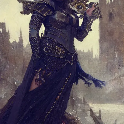 Prompt: young florence pugh, wearing dark black ornamented medieval armour, detailed, by gaston bussiere, bayard wu, greg rutkowski, giger, maxim verehin, greg rutkowski, masterpiece, sharp focus,