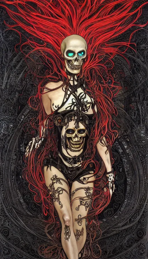 Prompt: a finely detailed beautiful!!! feminine cyberpunk ghost rider with skull face and long flowing hair made of fire and flames, dressed in black leather, by Alphonse Mucha, designed by H.R. Giger, legendary masterpiece, stunning!, saturated colors, black background, full body and head portrait, zoomed out to show entire image, trending on ArtStation
