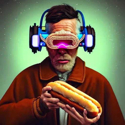 Prompt: Colour Photography of 1000 years old man with highly detailed 1000 years old face wearing higly detailed cyberpunk VR Headset designed by Josan Gonzalez. Man eating higly detailed hot-dog. In style of Josan Gonzalez and Johannes Vermeer and Mike Winkelmann and Caspar David Friedrich. Rendered in Blender