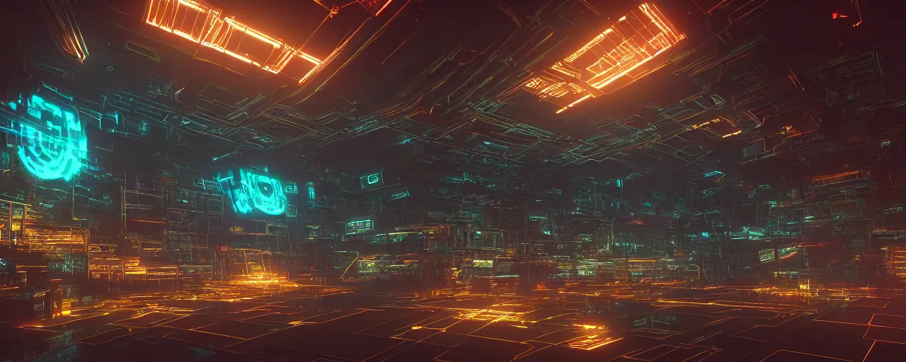 Image similar to an cybernetic temple made of tv screens, wires, glowing computer hardware, buddhist temple, octane render, unreal engine, 8 k, cinematic, artwork by ilya kuvshinov