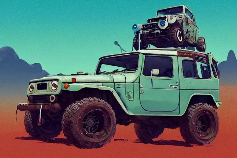 Image similar to digital illustration of a faded cyan mad max's fj 4 0 decrepit!!!! pursuit special, rusty!!! nissan fj cruiser heavily modded 1 9 9 0 s, the last v 8 interceptor by makoto shinkai, ilya kuvshinov, lois van baarle, rossdraws, basquiat