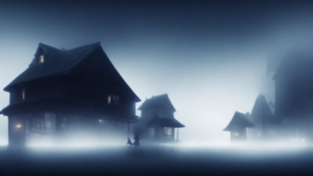 Image similar to thin luminous threads stretch from a black sphere that is in the sky above a small village with wooden houses in the fog, fog, volumetric lighting, mystique, atmospheric, sharp focus, ultra detailed, ross tran, thierry doizon, kai carpenter, ignacio fernandez rios, noir art house, 4 k, 3 5 mm