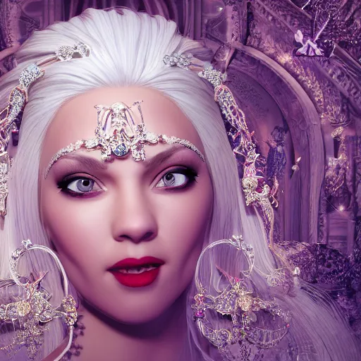 Image similar to portrait of pretty princess with white hair, beauty, ornate and intricate diamond jewelry, glowing, jaw dropping, ornate and intricate backdrop, white accent lighting, hyper detailed, 4 k octane render