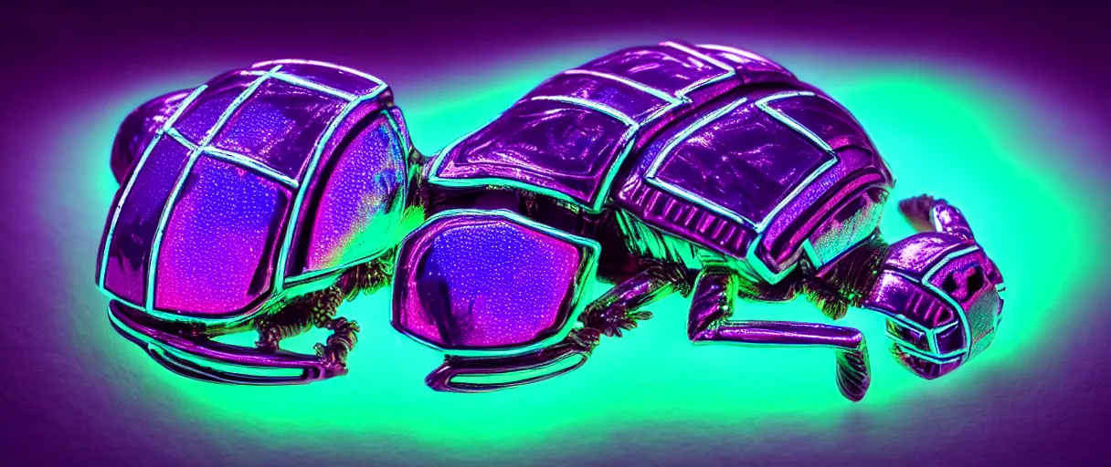 Image similar to high quality photo glowy iridescent cyborg scarab! jeweled very beautiful! highly detailed digital art david ligare elson peter cinematic purple neon lighting high quality low angle hd 8k sharp shallow depth of field