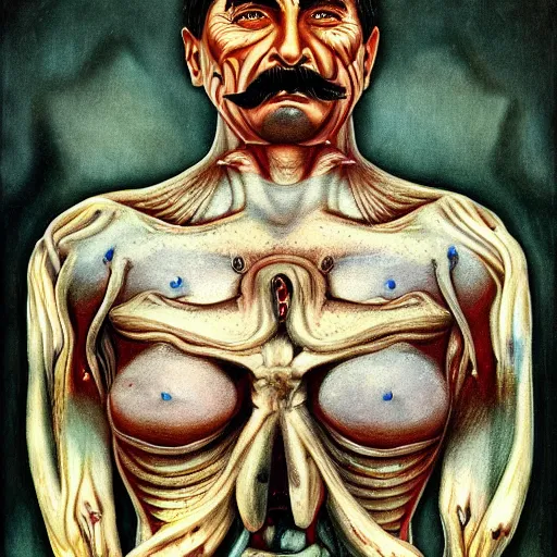 Image similar to bodyhorror portrait of josef stalin degraded abomination, photo - realistic, color image, 2 k, highly detailed, by h. r. giger