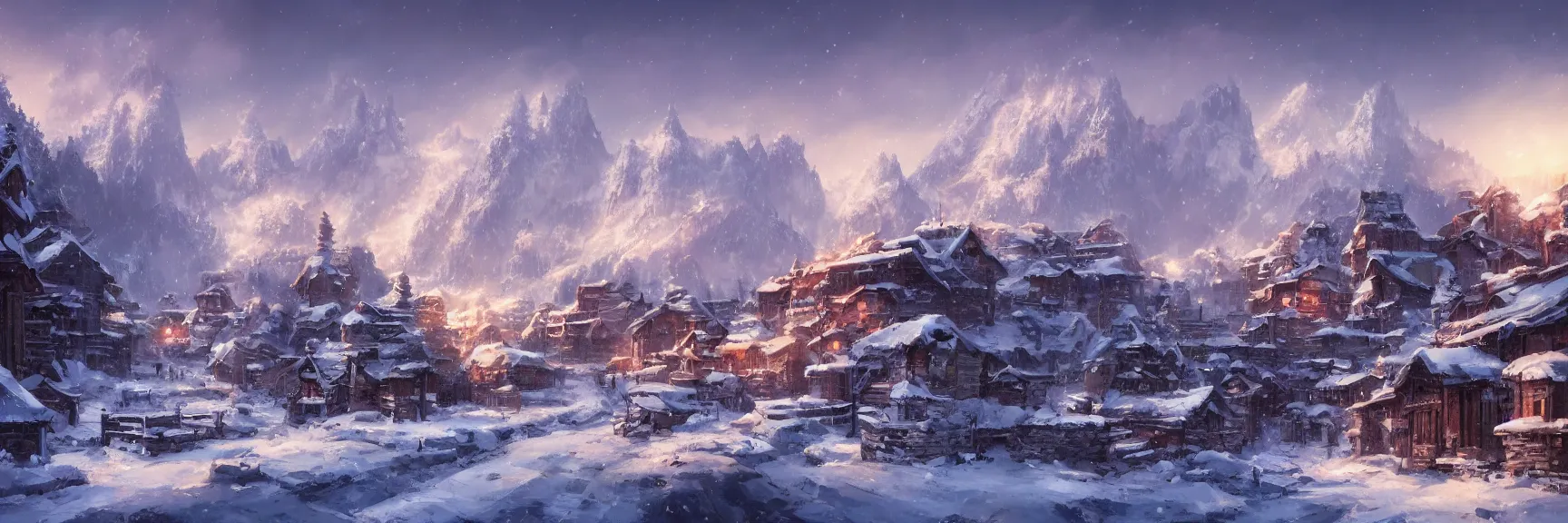 Prompt: snowy northern frontier town with palisade walls, tall pine forest, mountains in background, cotton clouds hovering around mountain peaks, street view, snowfall, early morning, fantasy art, Jordan Grimmer, Noah Bradley