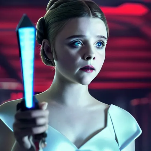 Prompt: Adult Chloe Moretz as Princess Leia, movie scene, XF IQ4, 150MP, 50mm, F1.4, studio lighting, professional, Look at all that detail!, Amazing!, Dolby Vision, UHD