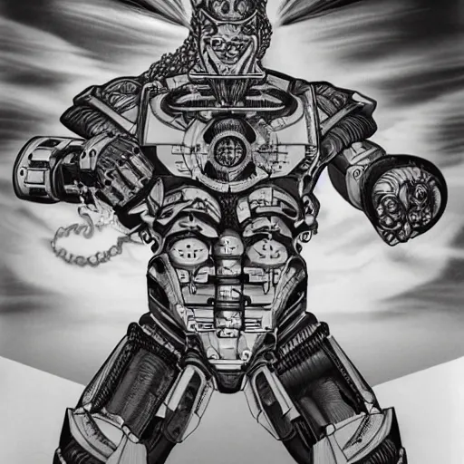 Prompt: majestic, hulking albino clone with engineering diagram tattoos on forehead and rough features :: angular, brutalist steel power armor carved with geometric Aztec art deco patterns, rubber bodysuit visible through the joints :: battlefield which was once a beautiful plain with the scattered remains of mechanical units :: sky with strange coiled, spiral clouds and shafts of light casting god rays toward the ground :: 1970s Dark Souls science fiction concept art by Beszinski, Rembrandt, and Carvaggio