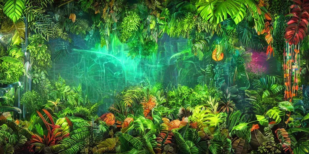 Prompt: Amazonian jungle night scene with tropical plants and leaves falling from tree and a rectangular colorful neon tube in the form of a rectangle placed in the exact center , unreal 5, hyperrealistic, realistic, photorealistic, dynamic lighting, highly detailed, cinematic landscape, studio landscape, studio lighting