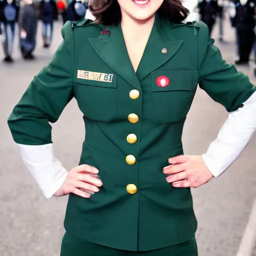 Image similar to brunette, short flip out hair, emerald eyes, evil smile, military uniform
