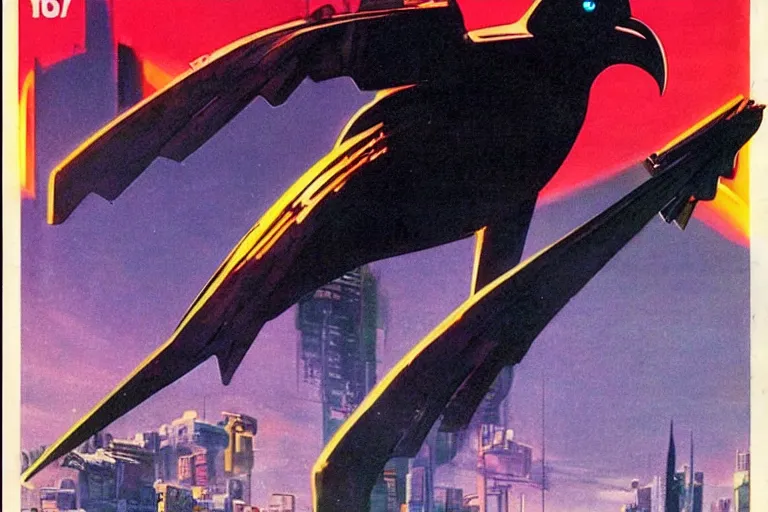 Image similar to 1979 OMNI Magazine Cover of a raven rogue. in cyberpunk style by Vincent Di Fate