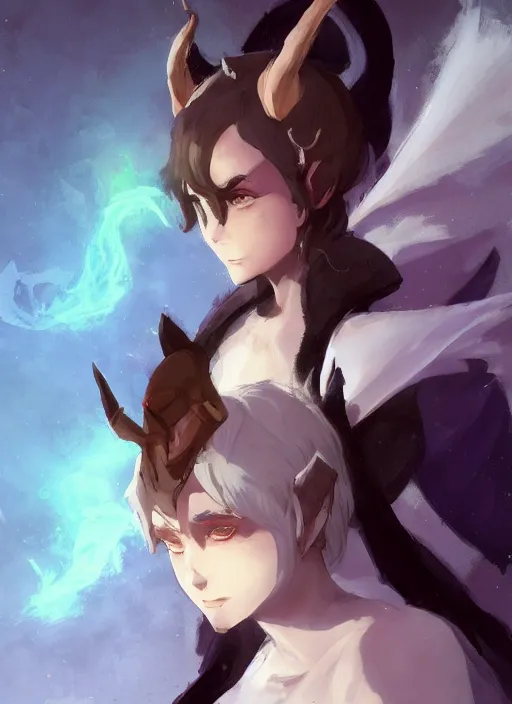 Prompt: concept art painting of a feminine person with brown skin and short white hair, demon horns, elf ears, full clothing, black clothes, blue robes, detailed, cel shaded, in the style of ruan jia and artgerm and makoto shinkai and james gurney