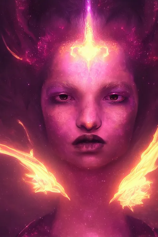 Image similar to a beautiful portrait of a young cosmic Demon women covered in deep purple flames with an intense look on her face by Greg Rutkowski, Sung Choi, Mitchell Mohrhauser, Maciej Kuciara, Johnson Ting, Maxim Verehin, Peter Konig, Bloodborne , 8k photorealistic, cinematic lighting, HD, high details, atmospheric , trending on artstation